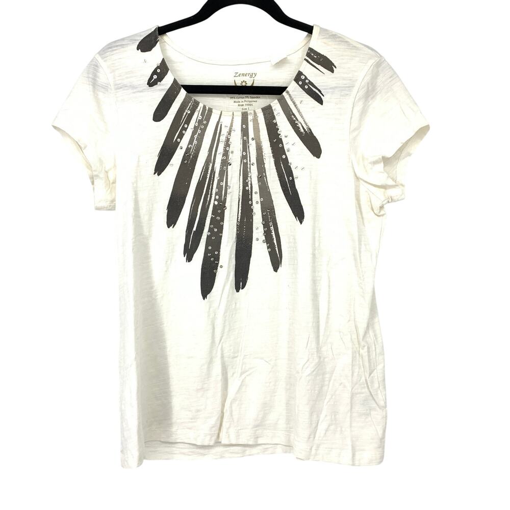 Chicos Zenergy Short Sleeve T-Shirt Womens Size 1 US M White Embellished Neck